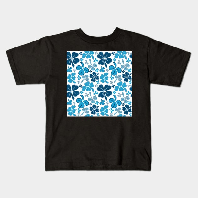 Blue Lucky Clover Hand Drawn Pattern Kids T-Shirt by OneLook